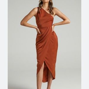 NWT Showpo Felt So Happy One Shoulder Midi Dress 6 Copper Fall Wedding Guest